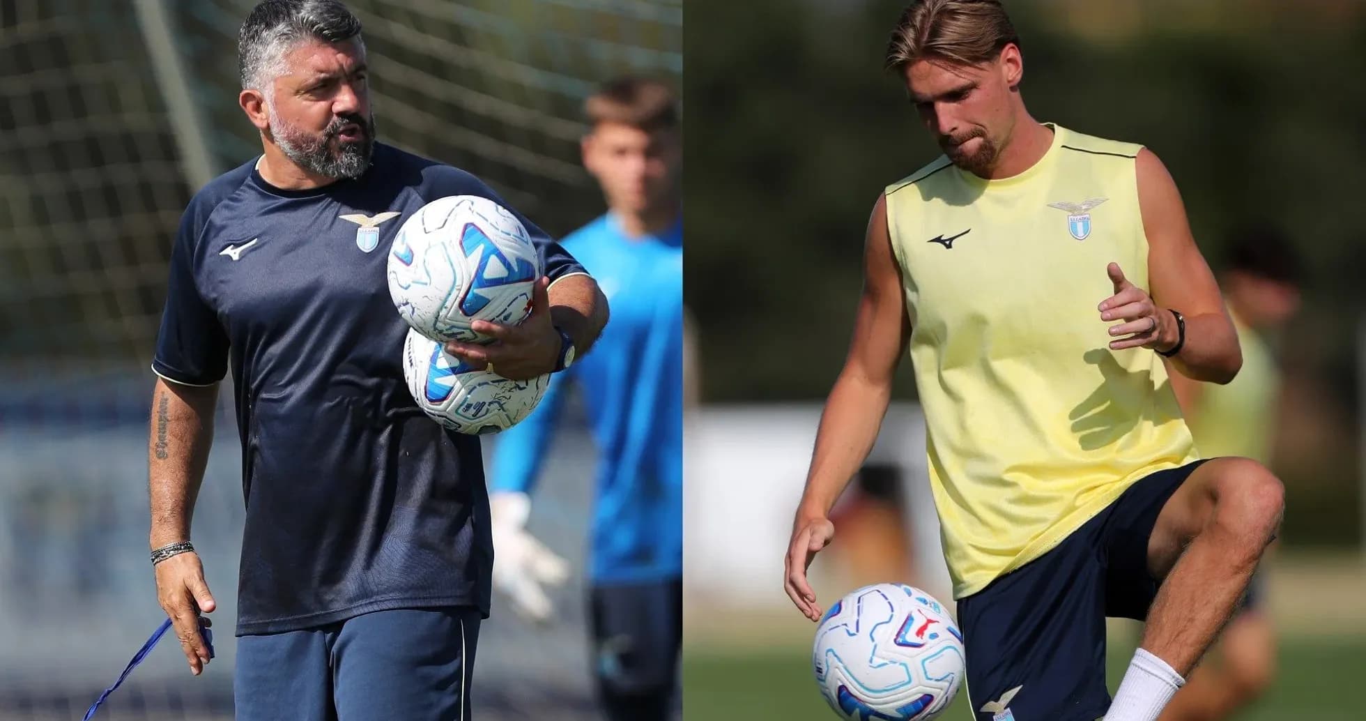 Entrenador y jugador de Lazio durante sesión de entrenamiento