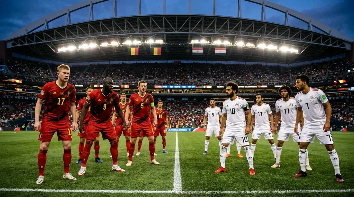 Jugadores de Bélgica y Egipto en el campo