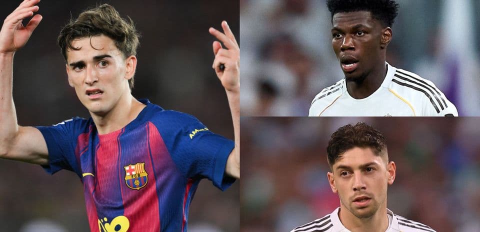 Jugadores de fútbol de Barcelona y Real Madrid en acción