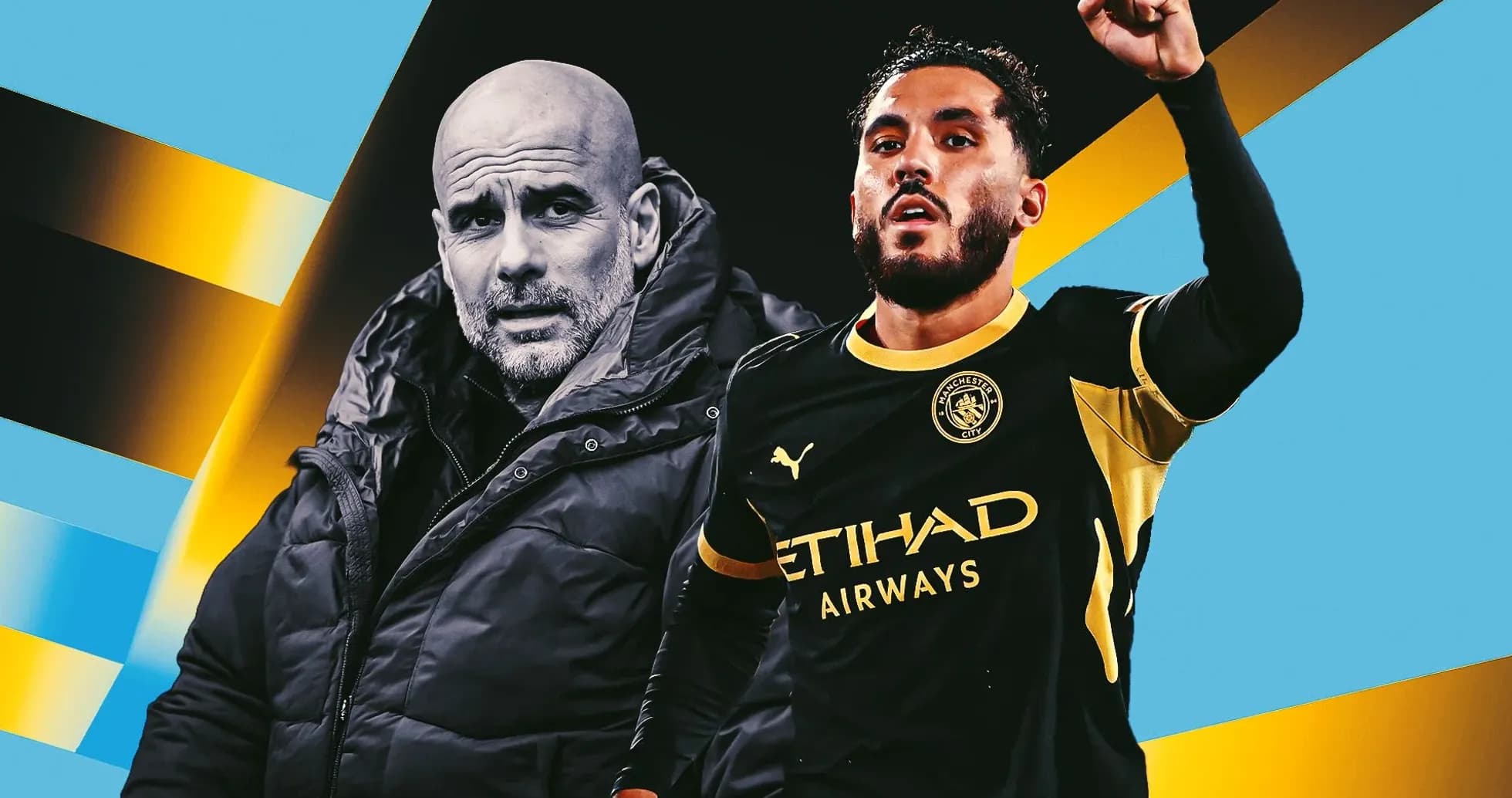 Pep Guardiola y jugador de Manchester City en acción