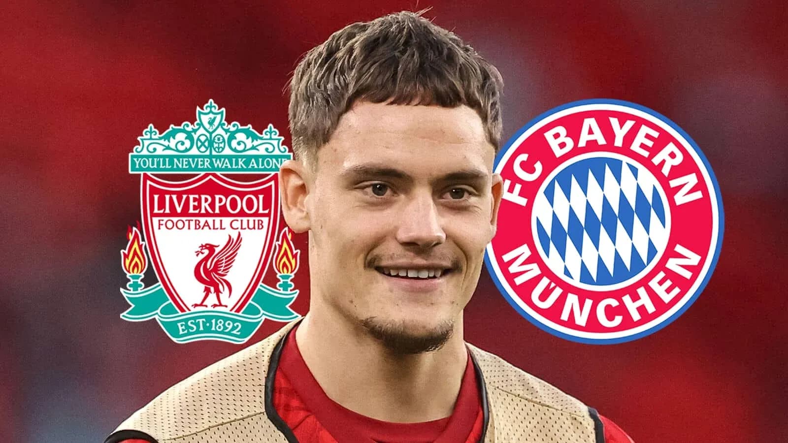 Jugador con logos de Liverpool y Bayern Múnich de fondo