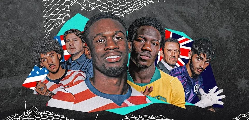 Jugadores y entrenadores de fútbol en collage gráfico