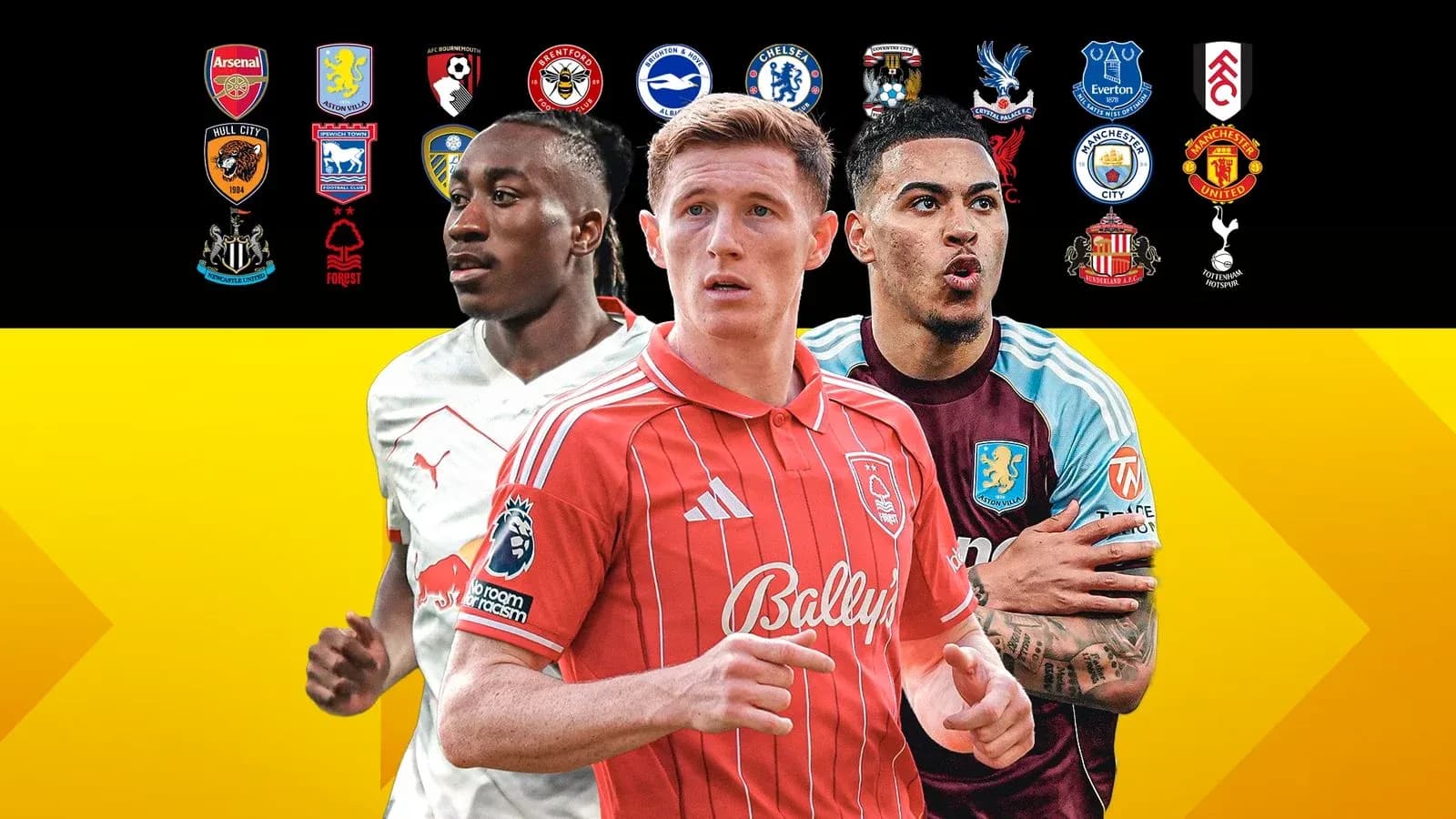 Tres jugadores de fútbol frente a logos de equipos