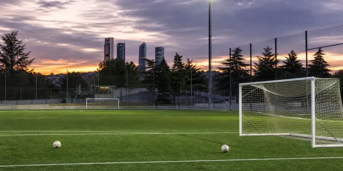 Campo de fútbol con balón y edificios al fondo