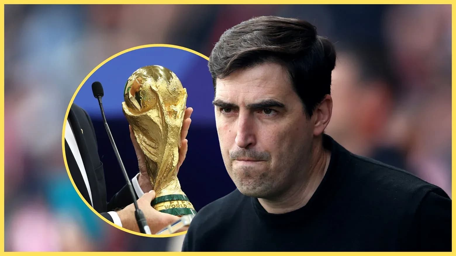 Entrenador con expresión seria y trofeo en fondo
