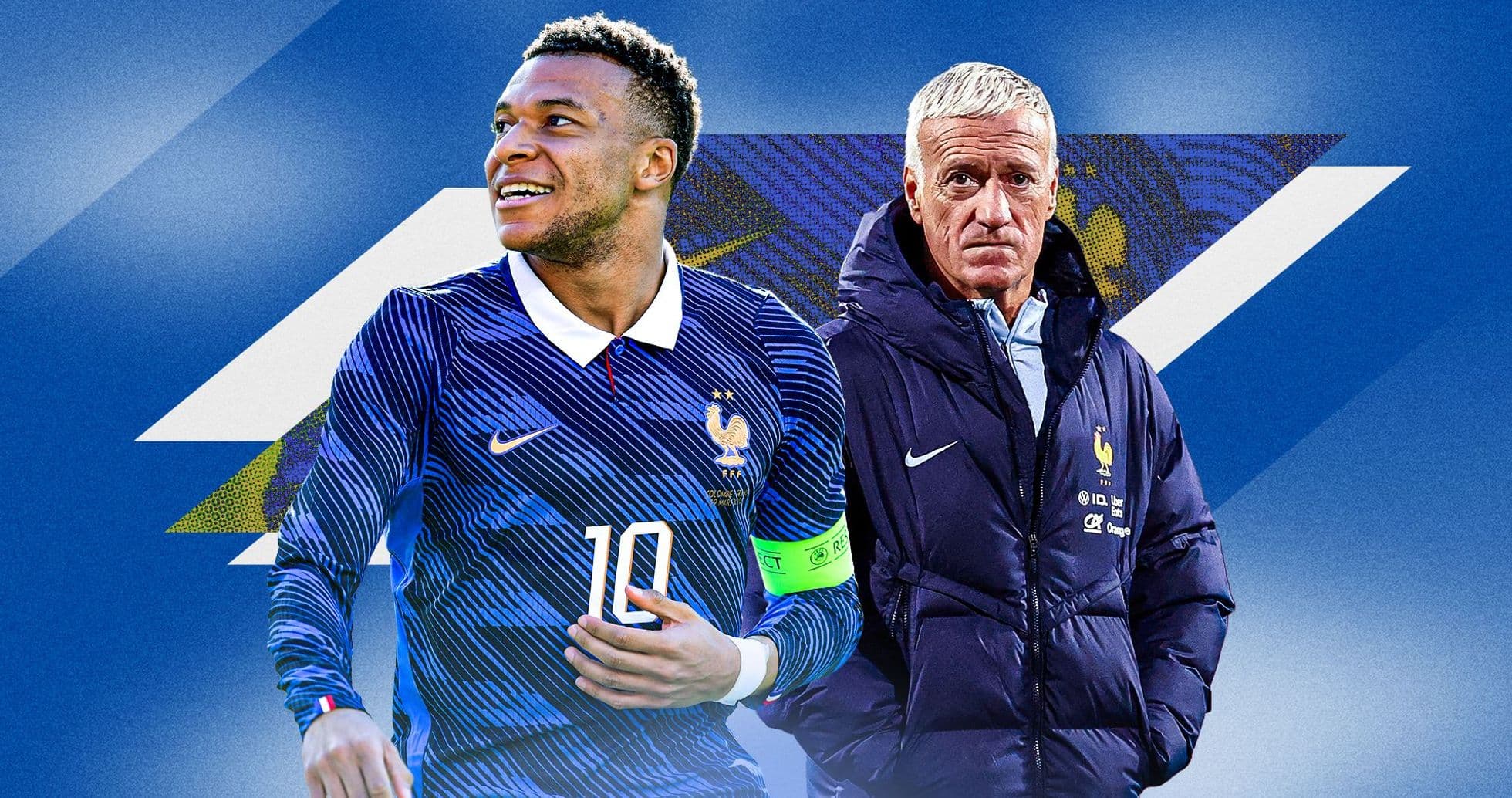 Kylian Mbappé y Didier Deschamps en fondo azul