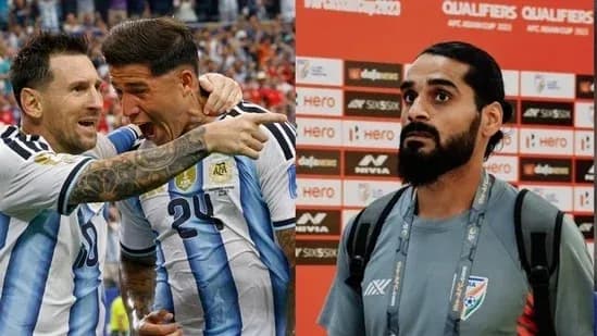 Jugadores argentinos celebrando y una persona en conferencia
