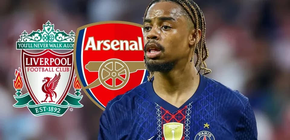 Jugador de PSG frente a logotipos de Liverpool y Arsenal