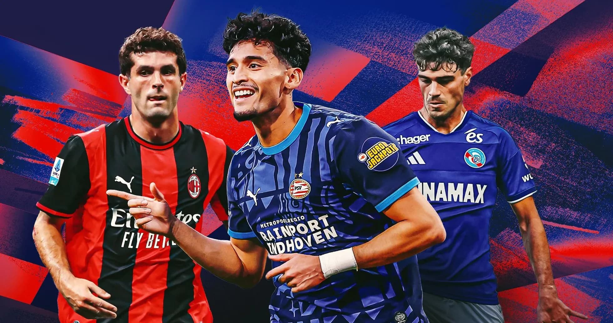 Tres jugadores de fútbol en camisetas de clubes diferentes