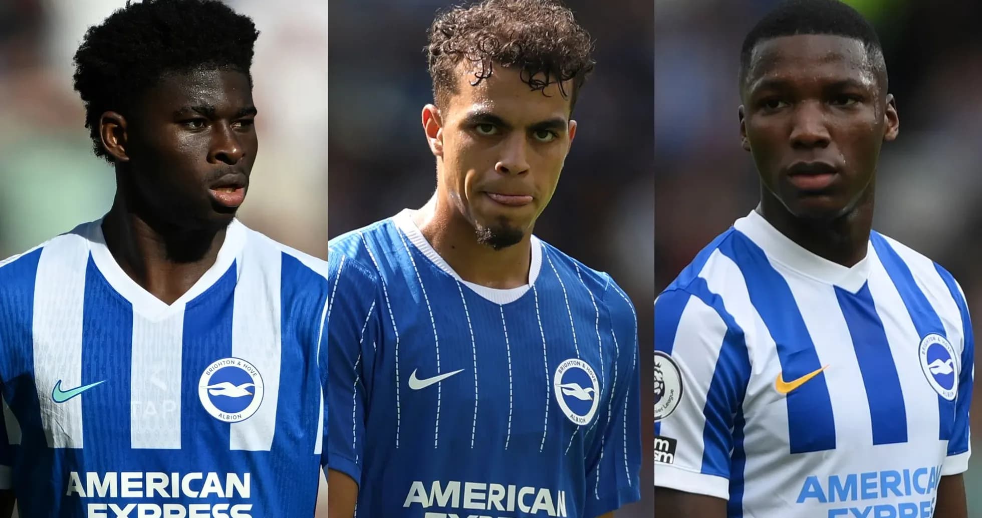 Tres jugadores de Brighton en uniforme durante partido