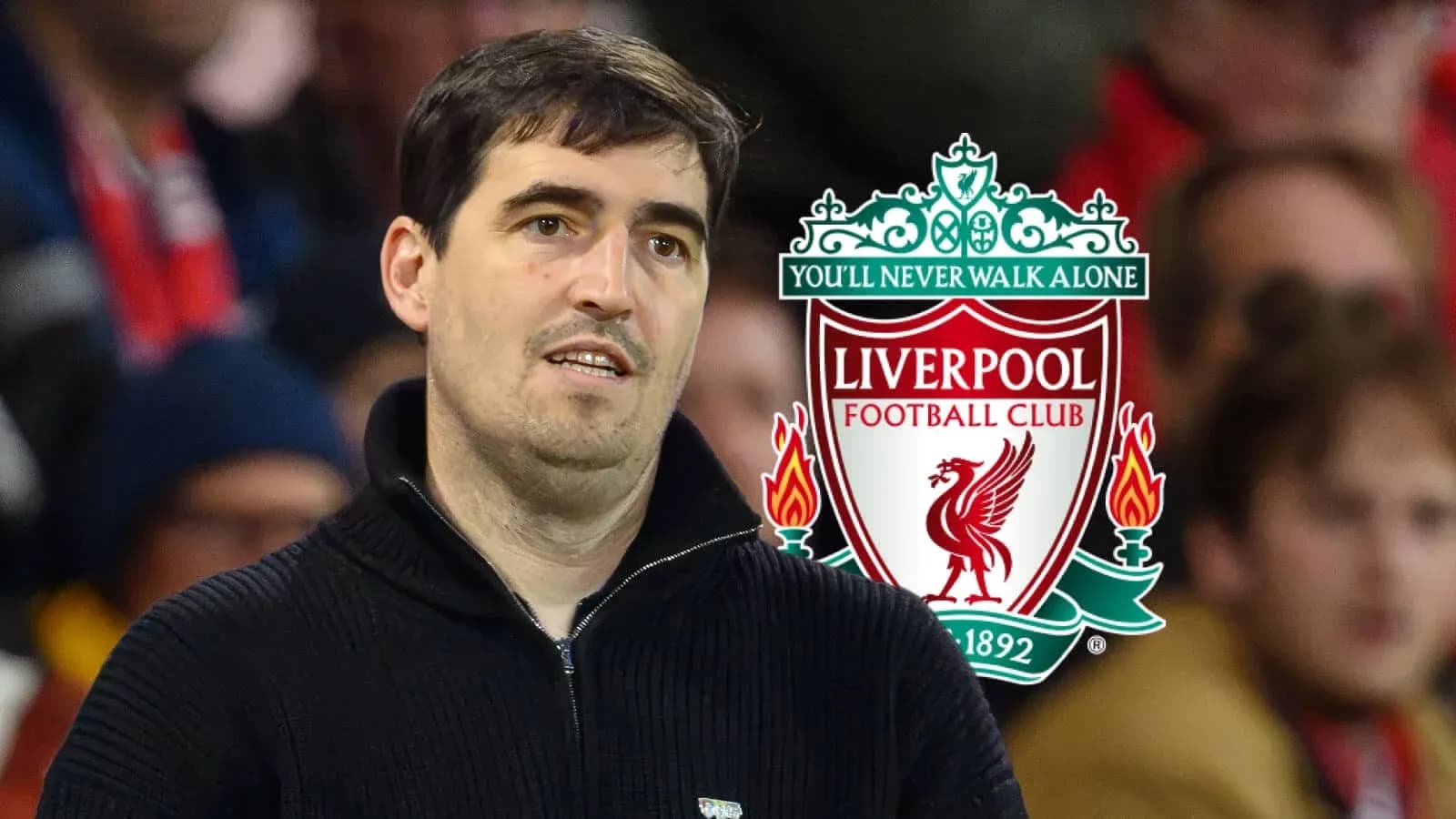 Persona observando en el estadio con logo de Liverpool