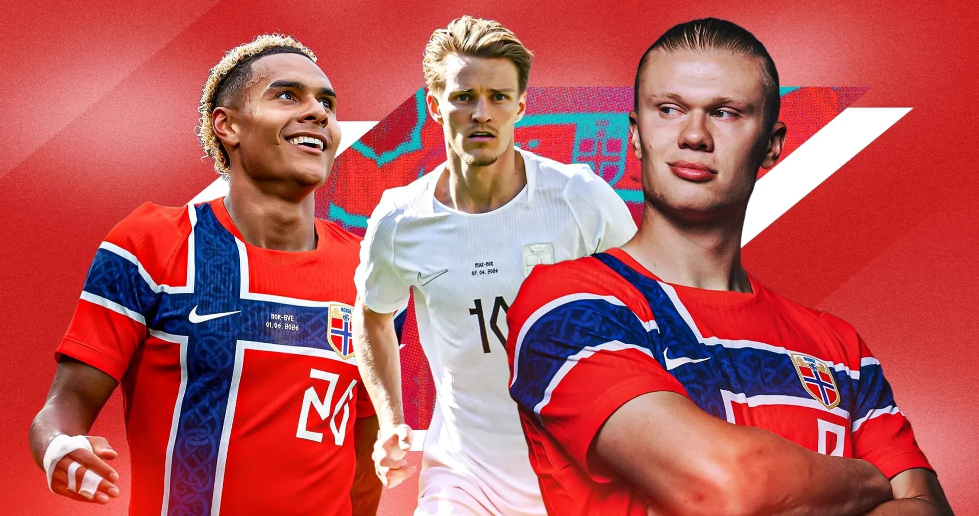 Tres jugadores noruegos posando con camisetas de la selección