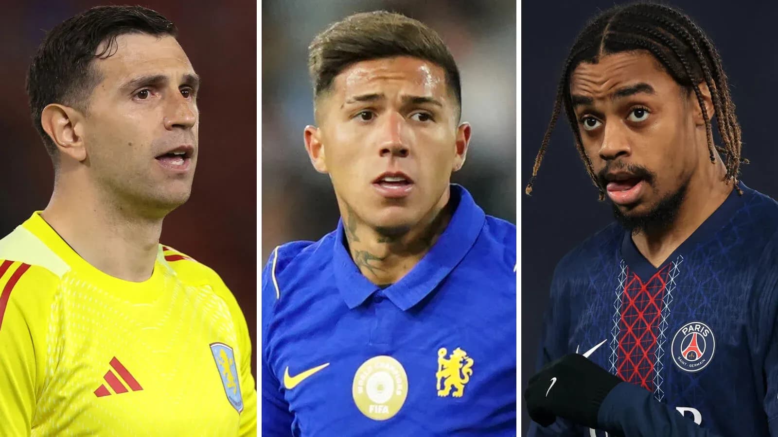 Tres futbolistas en diferentes uniformes de equipos