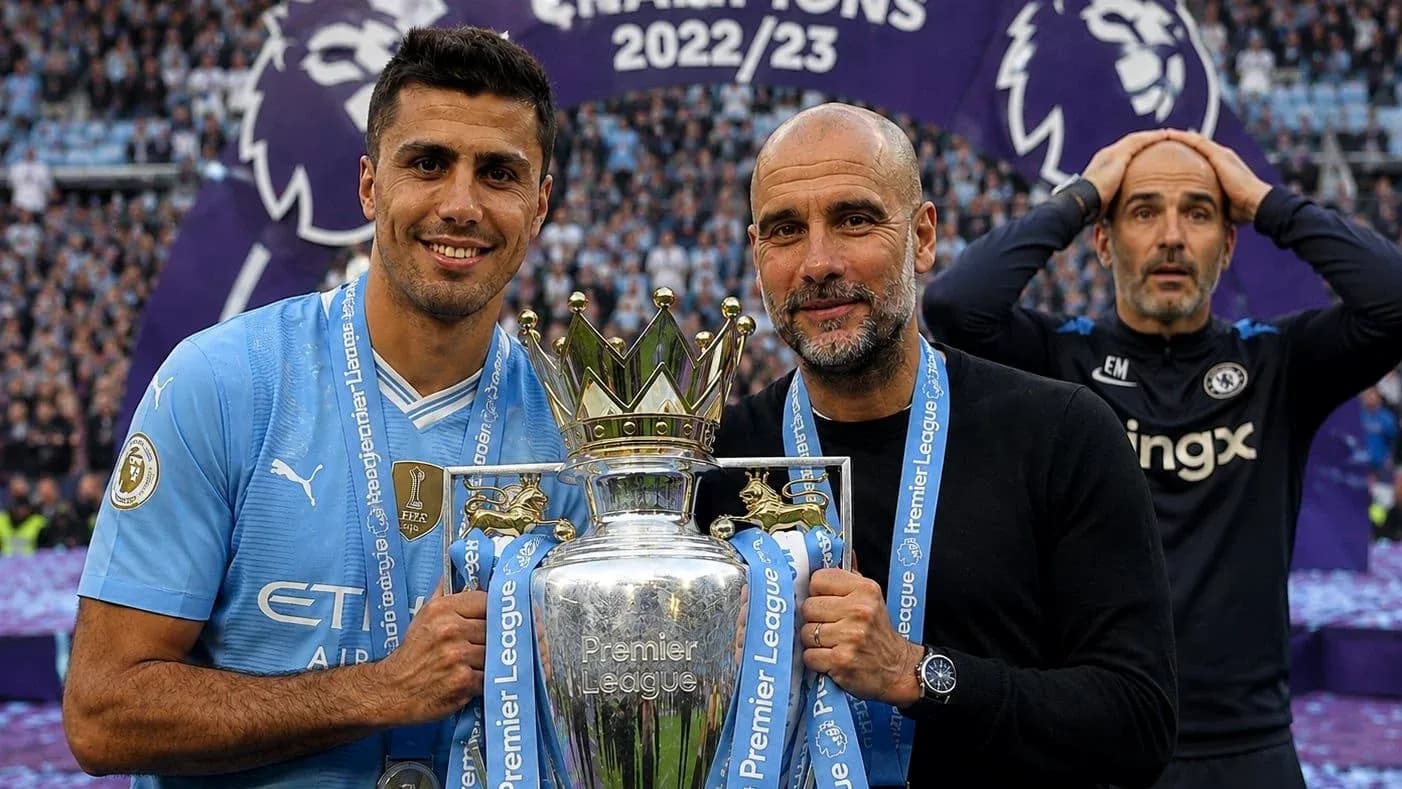 Jugadores de Manchester City celebrando el trofeo de la Premier League