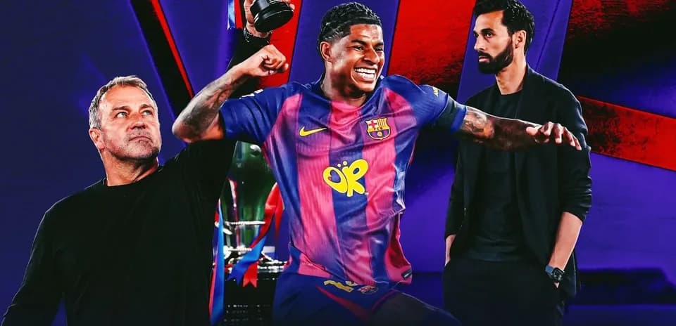 Jugador de Barcelona levantando trofeo con entrenadores