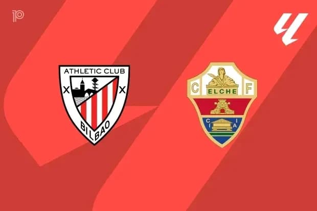 Logos de Athletic Club y Elche CF sobre fondo rojo