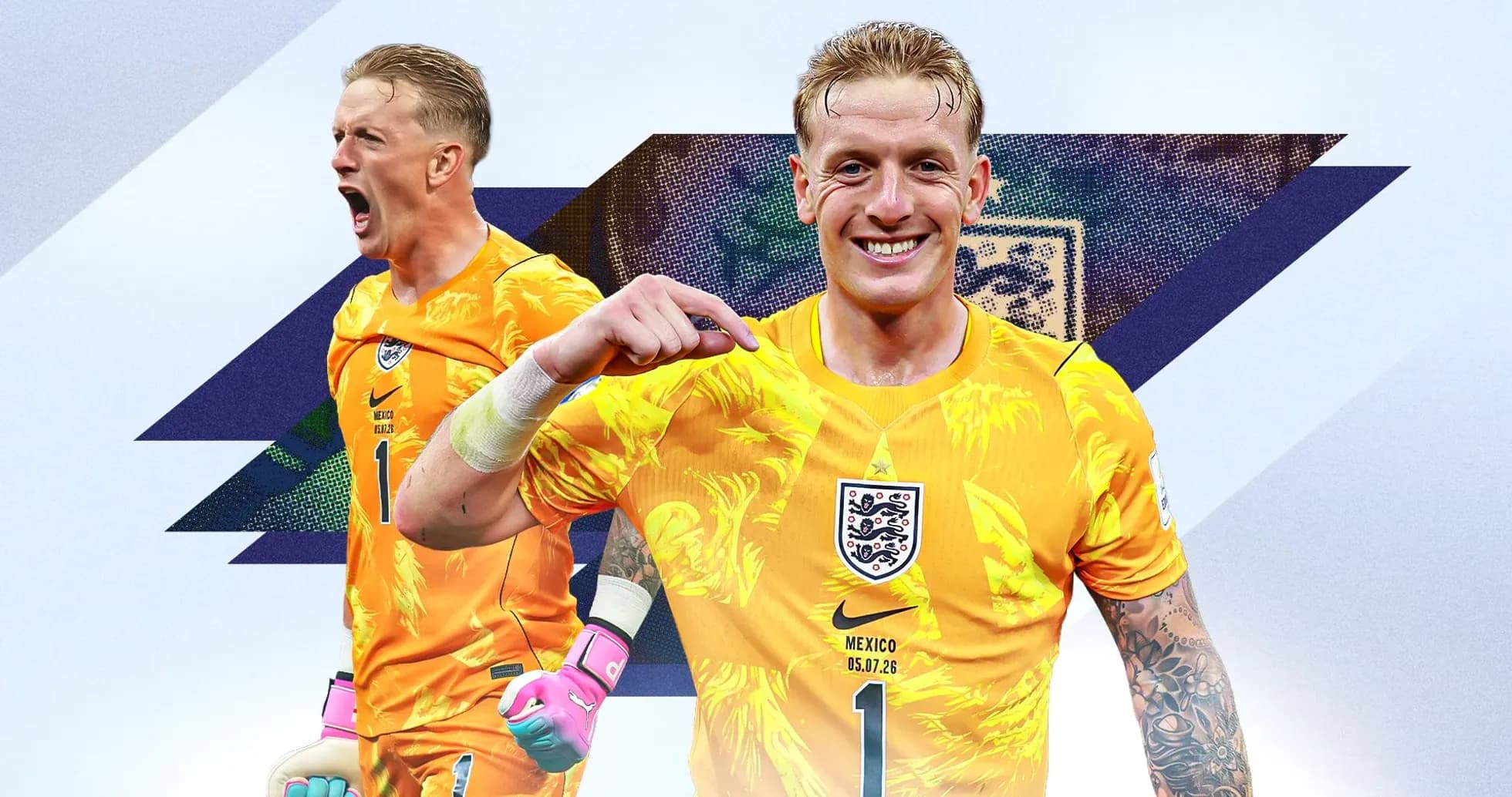 Portero de Inglaterra posando con camiseta amarilla