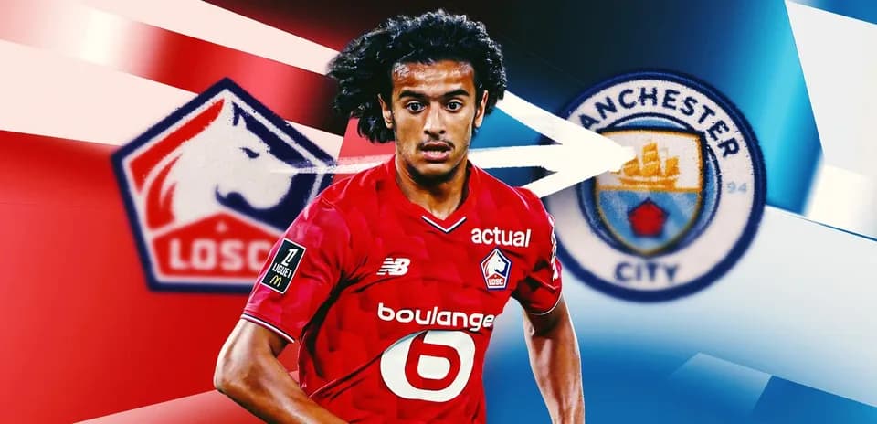 Jugador de LOSC Lille con logos de clubes de fondo