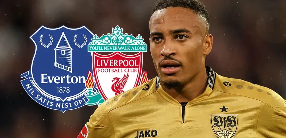 Jugador con logos de Everton y Liverpool de fondo