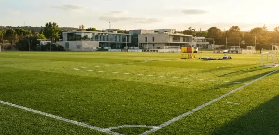 Campo de fútbol con porterías y conos de entrenamiento