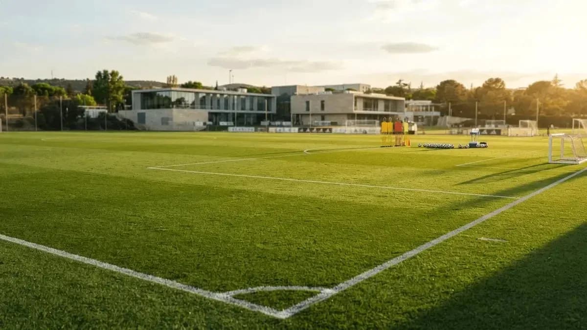 Campo de fútbol con porterías y conos de entrenamiento
