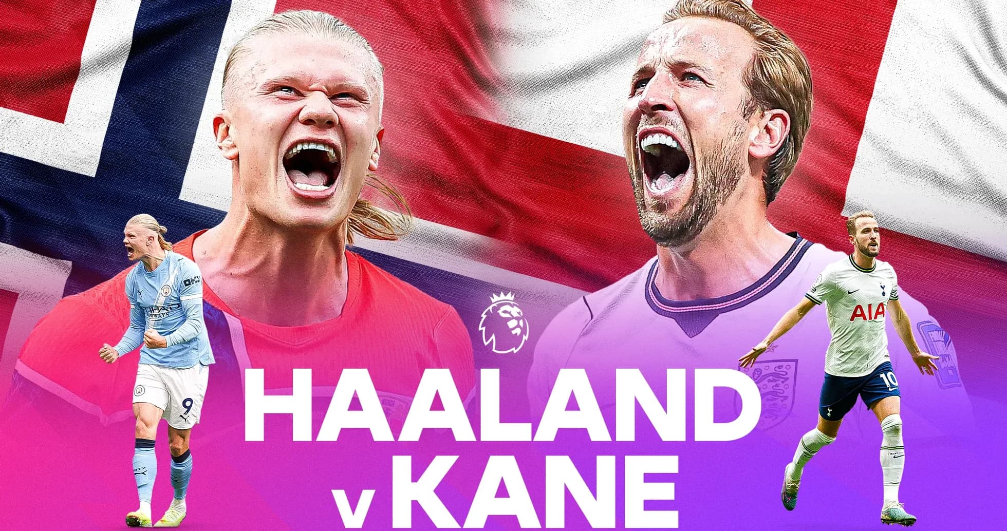 Haaland y Kane enfrentándose con banderas de fondo