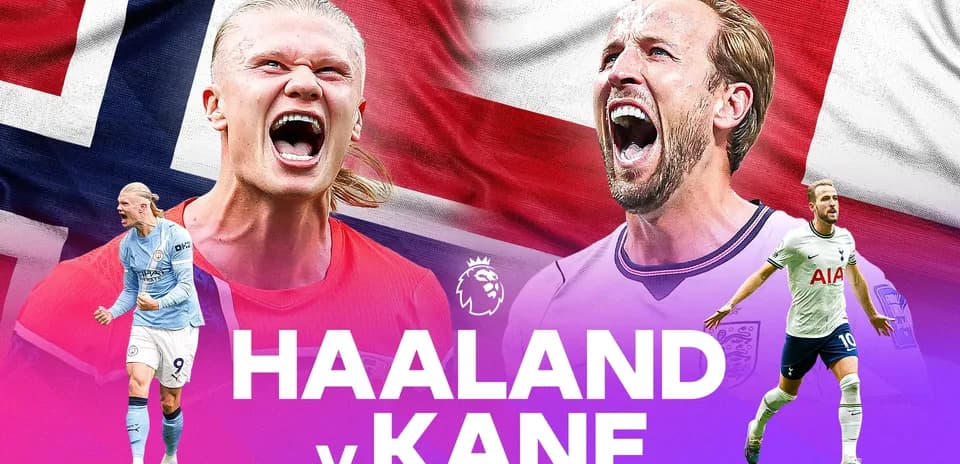Haaland y Kane enfrentándose con banderas de fondo