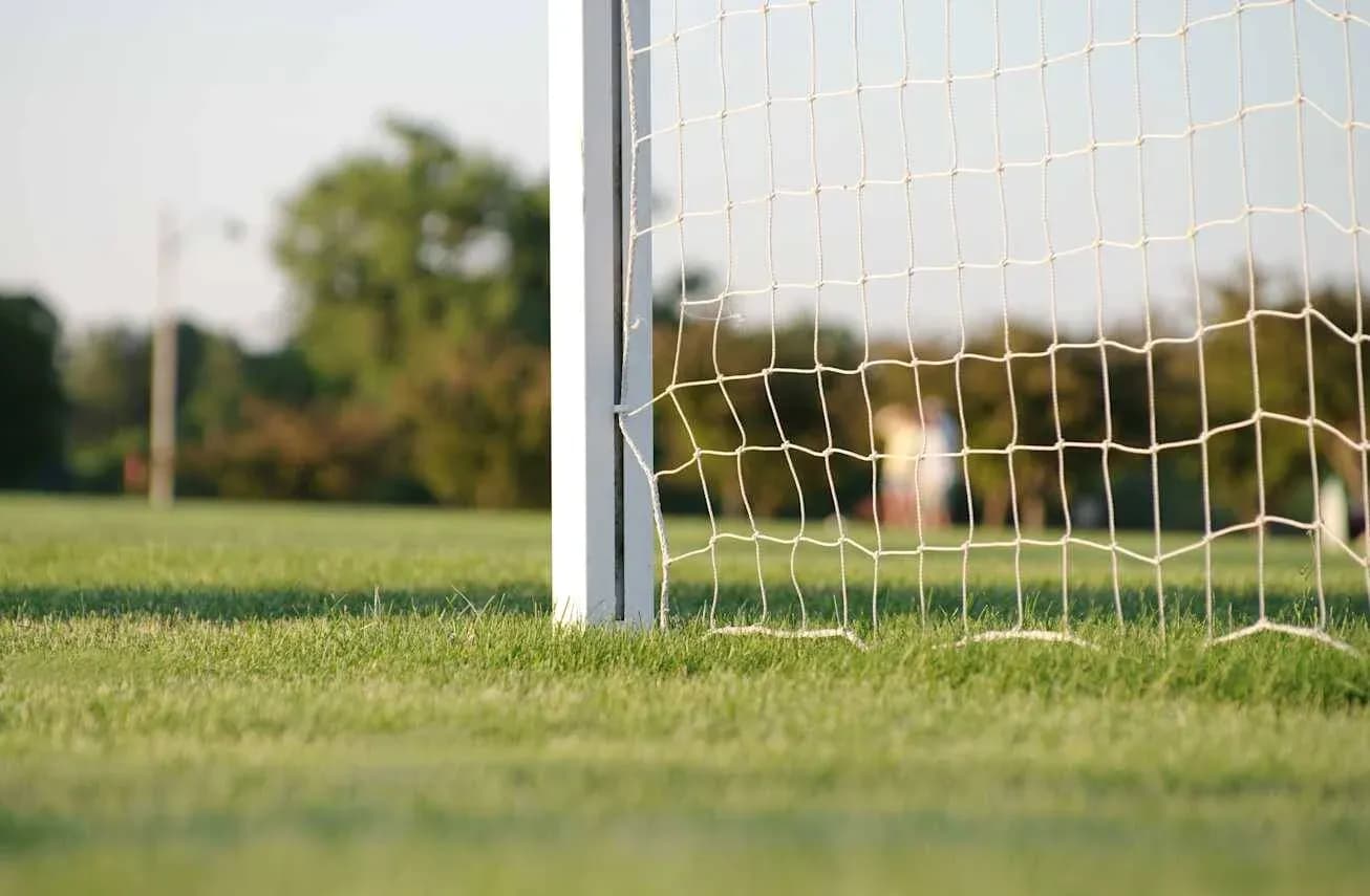 Portería de fútbol con red en el campo