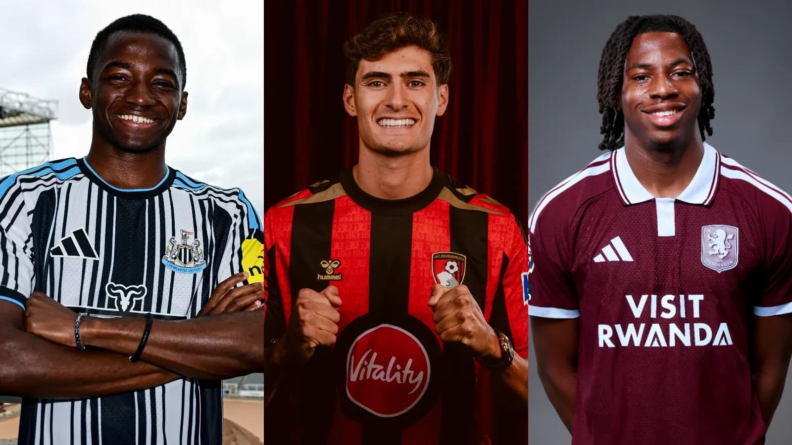Tres jugadores posando en camisetas de sus equipos