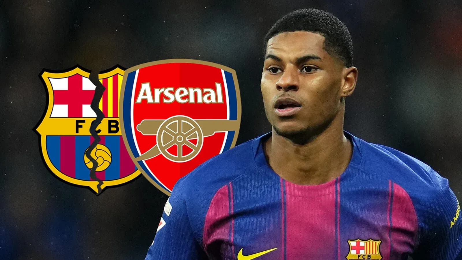 Jugador de fútbol con escudos de Barcelona y Arsenal