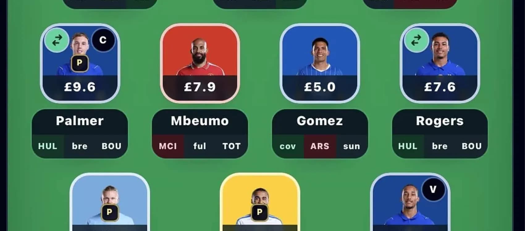 Interfaz de selección de jugadores de fantasy football