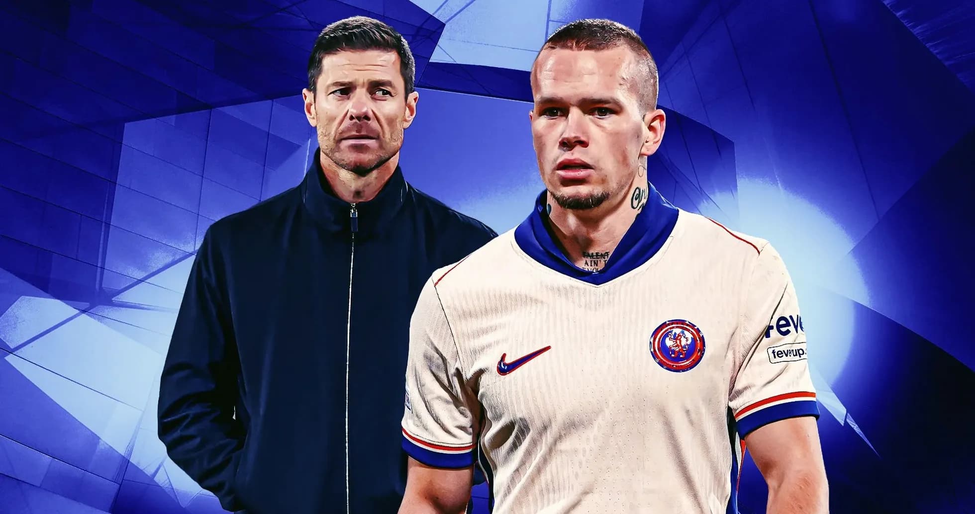 Entrenador y jugador en fondo azul gráfico