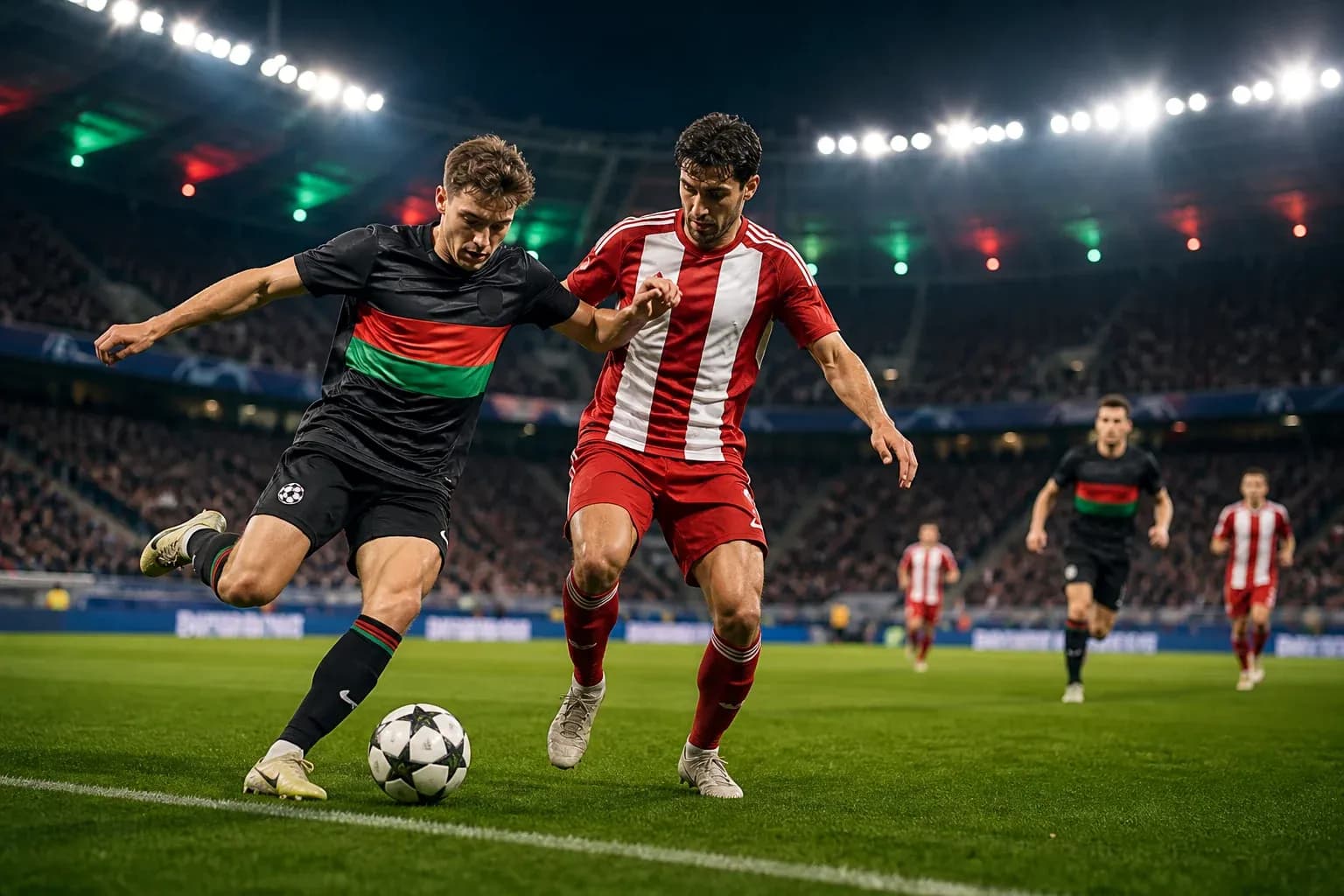 Jugador luchando por el balón en la Champions