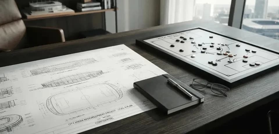 Planos de estadio y tablero táctico sobre mesa