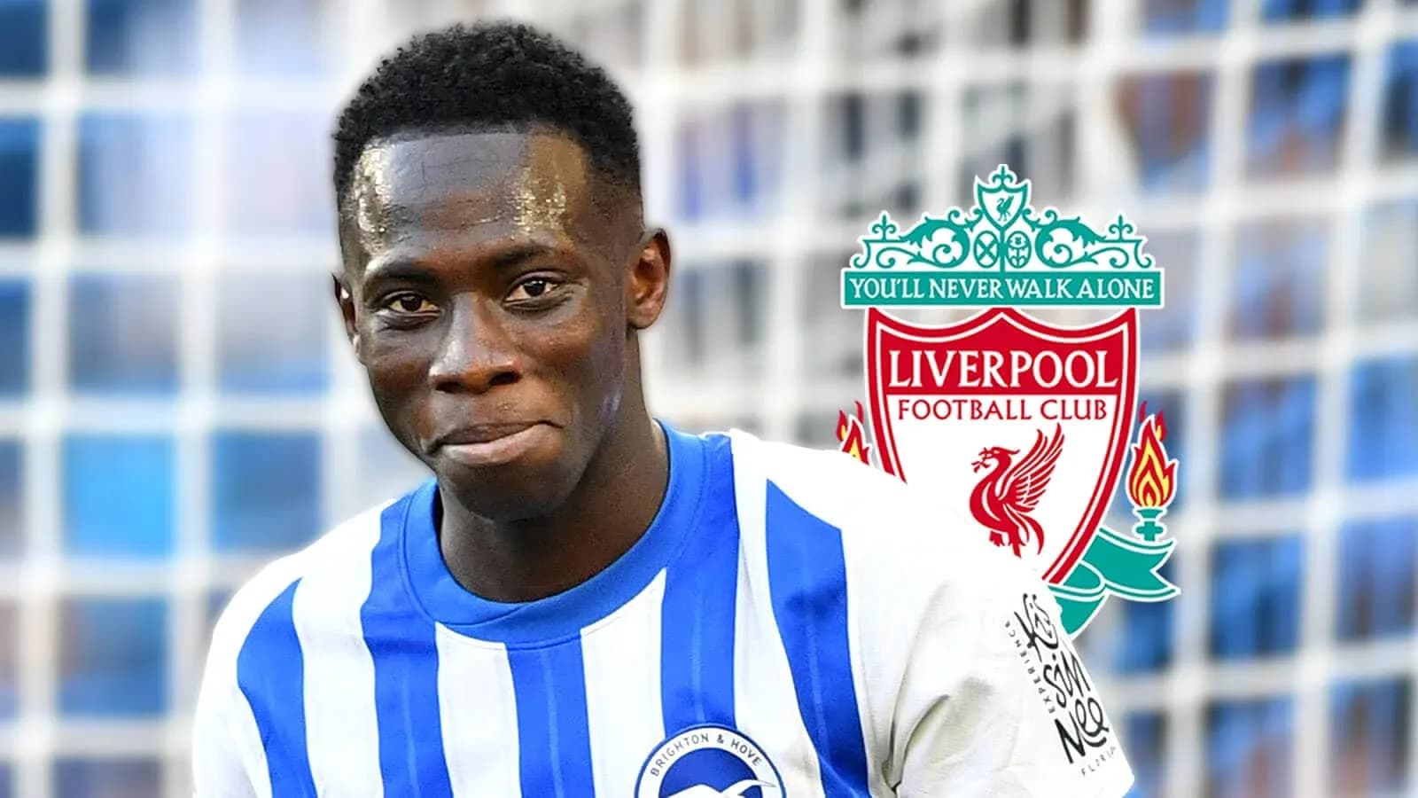 Jugador de Brighton con escudo de Liverpool en fondo
