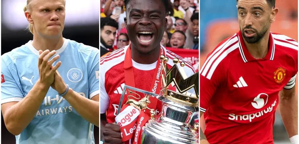 Tres futbolistas posando: uno de Manchester City, uno de Arsenal, uno de Manchester United