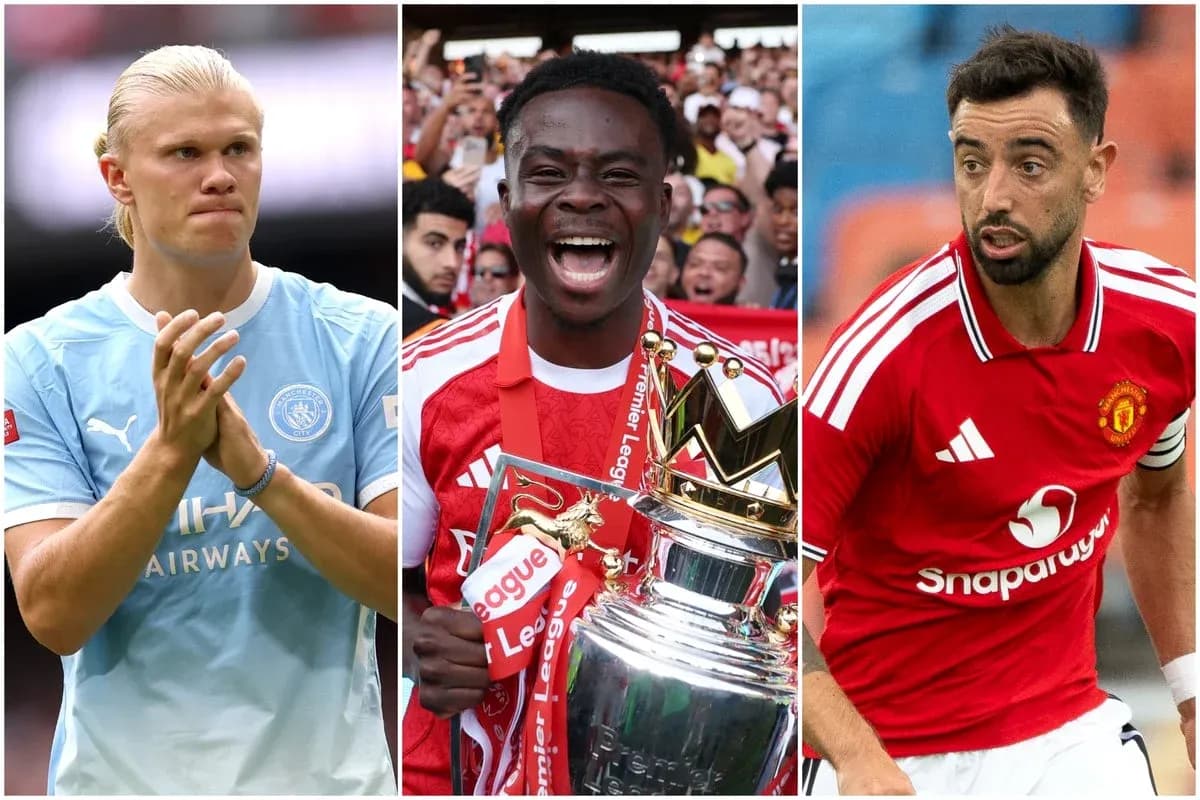 Tres futbolistas posando: uno de Manchester City, uno de Arsenal, uno de Manchester United