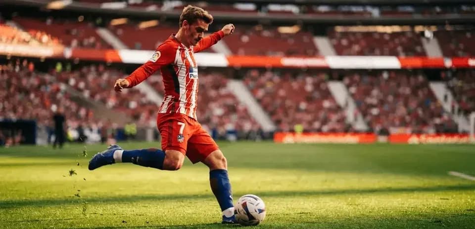 Jugador de Atlético de Madrid pateando el balón en campo