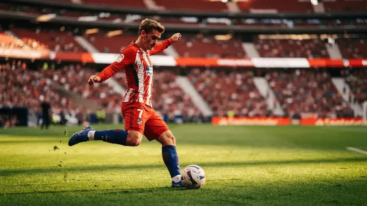 Jugador de Atlético de Madrid pateando el balón en campo