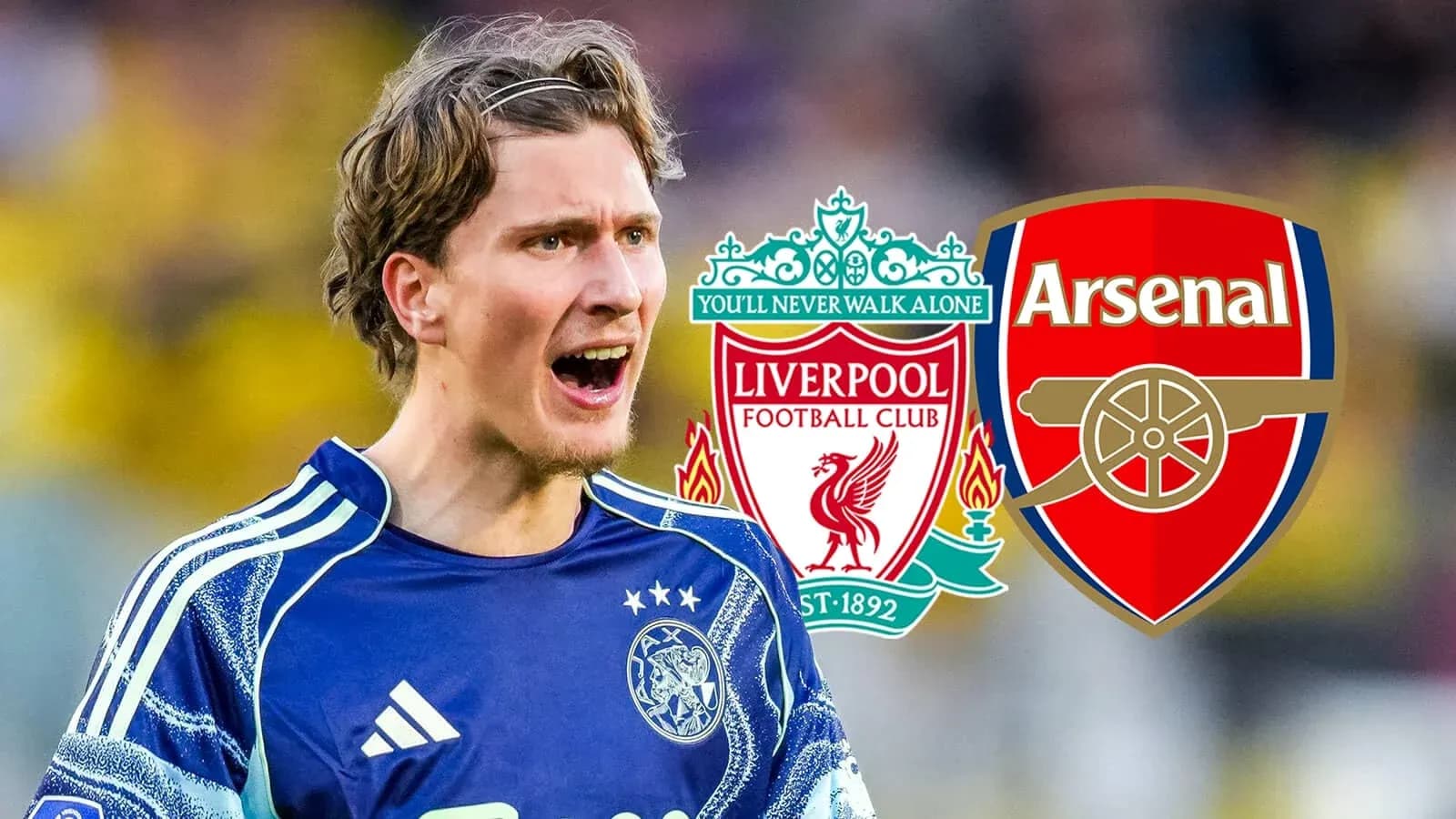 Portero celebrando con logotipos de Liverpool y Arsenal