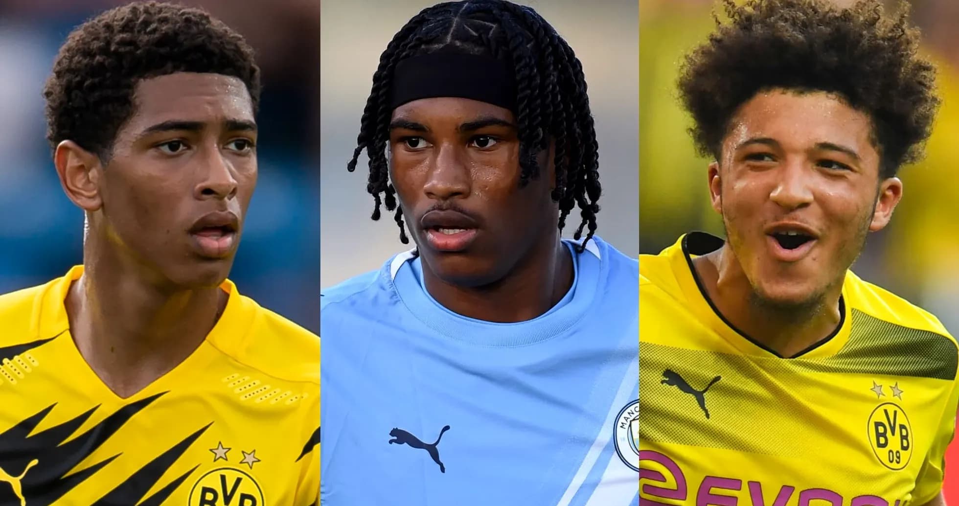 Tres futbolistas en uniformes de Borussia Dortmund y Manchester City