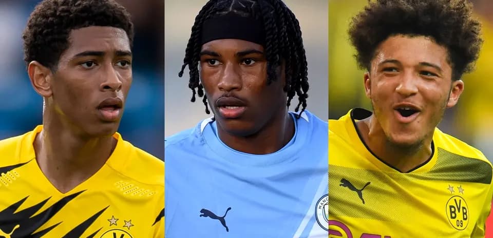 Tres futbolistas en uniformes de Borussia Dortmund y Manchester City
