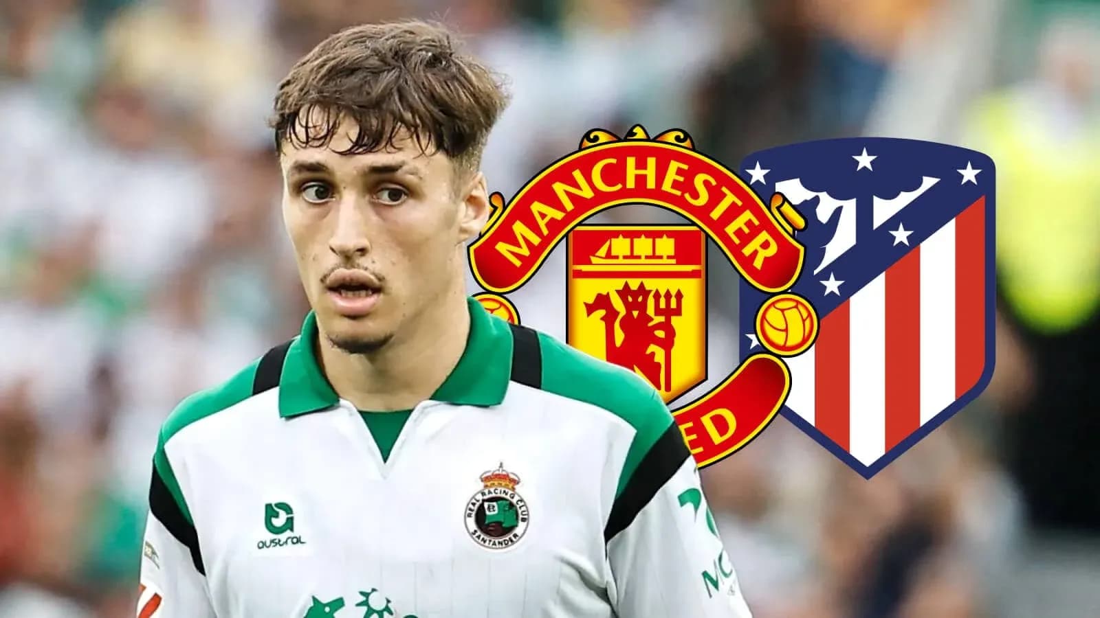 Jugador en uniforme con logotipos de Manchester United y Atlético
