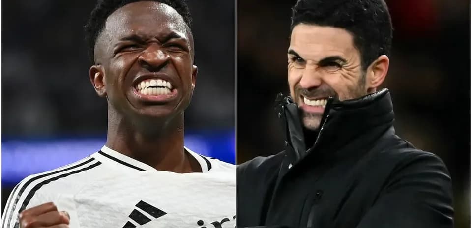 Vinicius Jr. y Mikel Arteta mostrando expresiones intensas