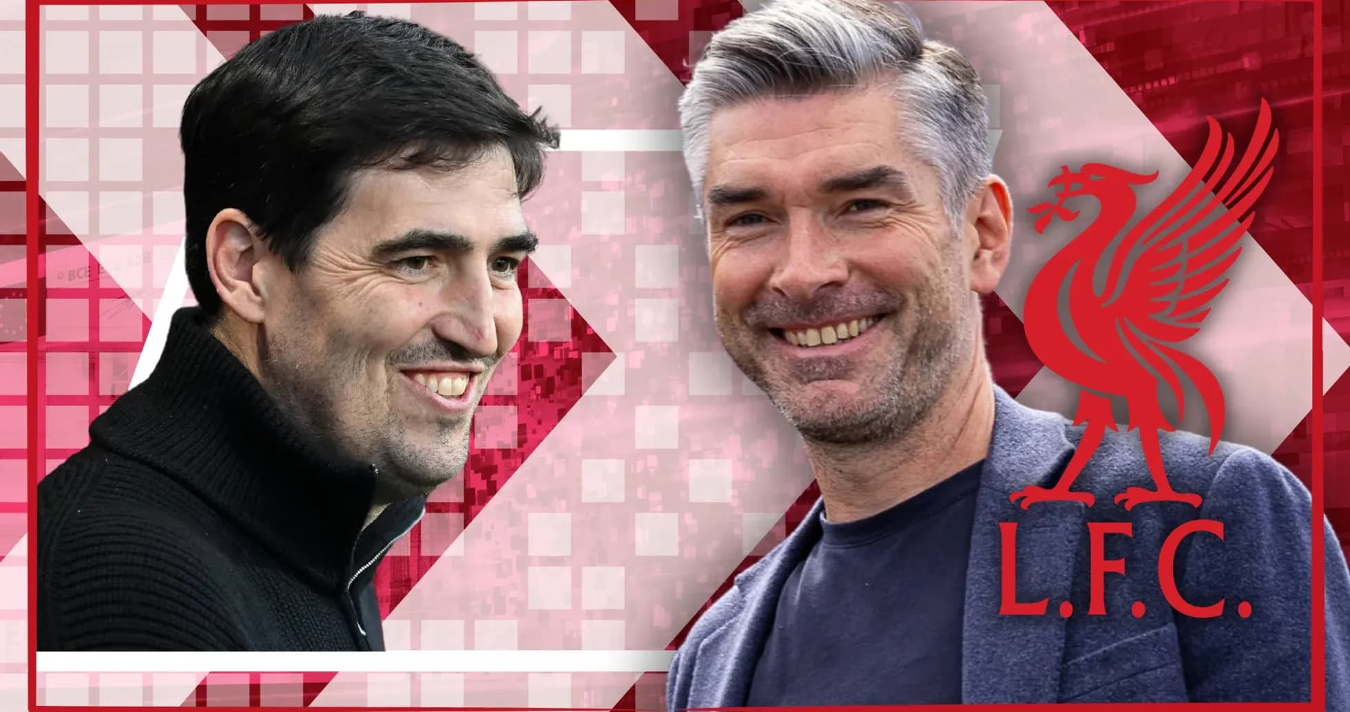 Dos entrenadores sonriendo con fondo de Liverpool
