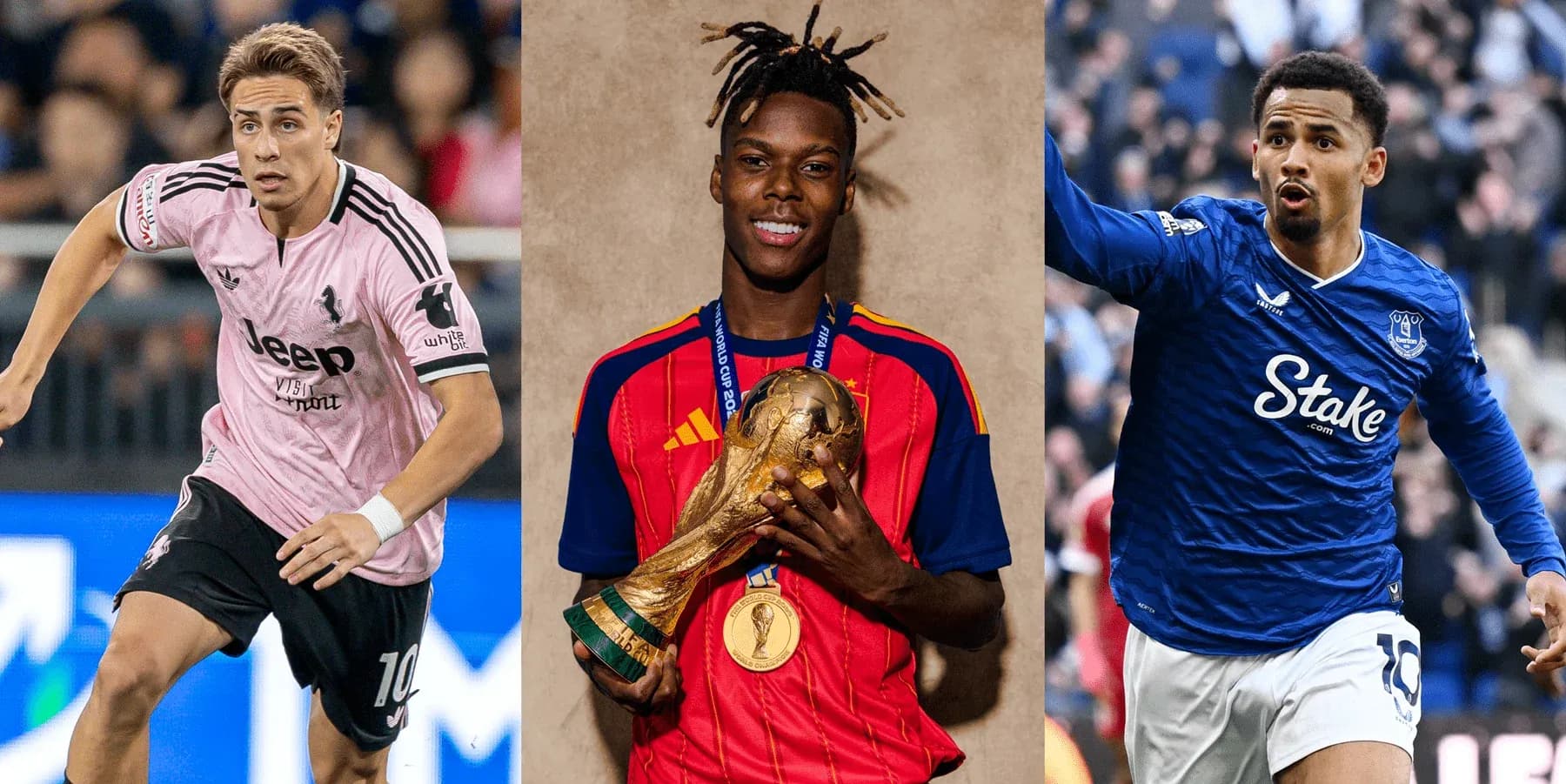 Tres futbolistas en acción y celebrando trofeo