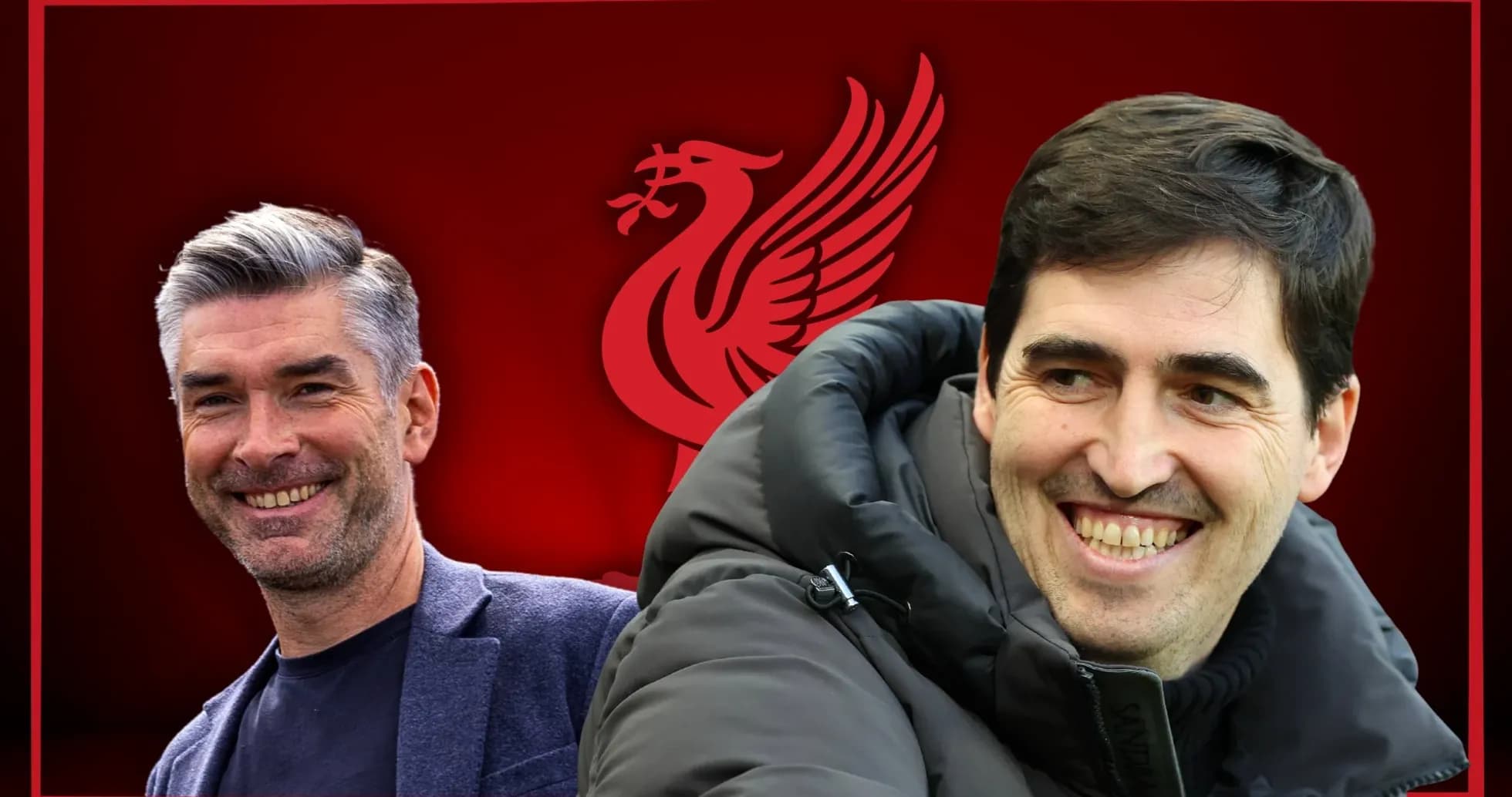 Dos entrenadores sonriendo frente al logo de Liverpool