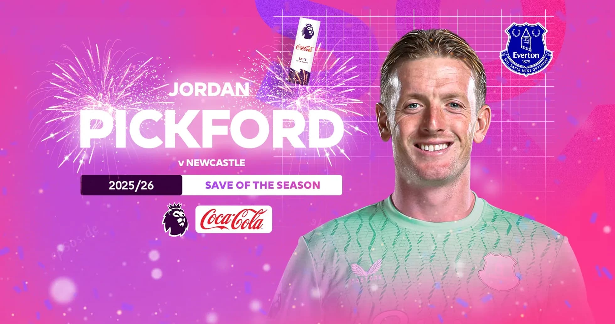 Jordan Pickford con uniforme de Everton y fondo festivo
