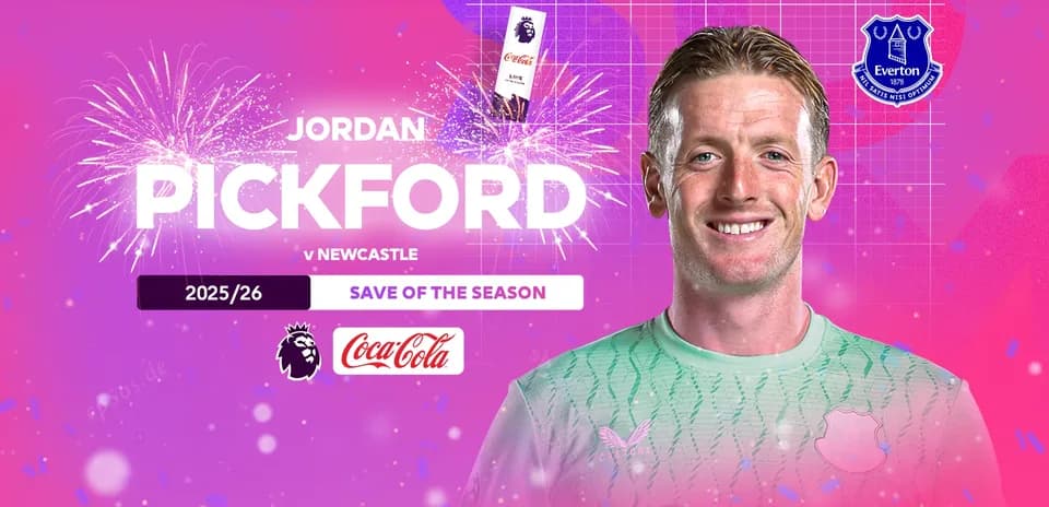 Jordan Pickford con uniforme de Everton y fondo festivo