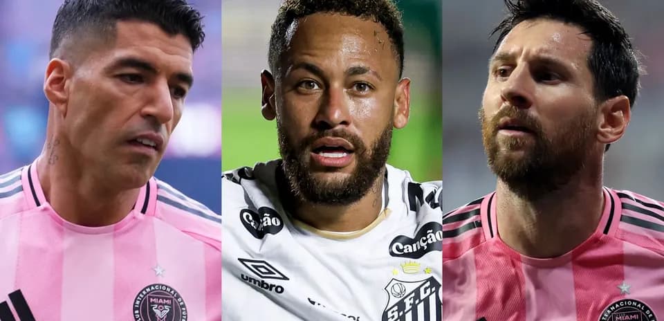 Luis Suárez, Neymar y Lionel Messi en uniformes de fútbol